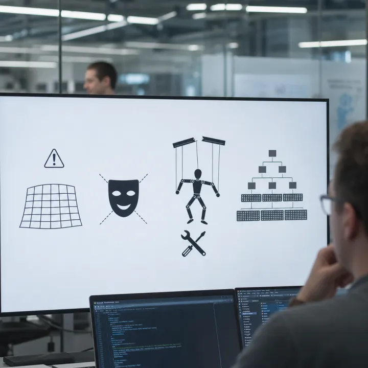Four abstract geometric symbols for AI research: a compressed grid with a warning triangle, a theater mask in front of crossing lines, a puppet with severed strings above a tool symbol, and a tree diagram of growing memory layers.