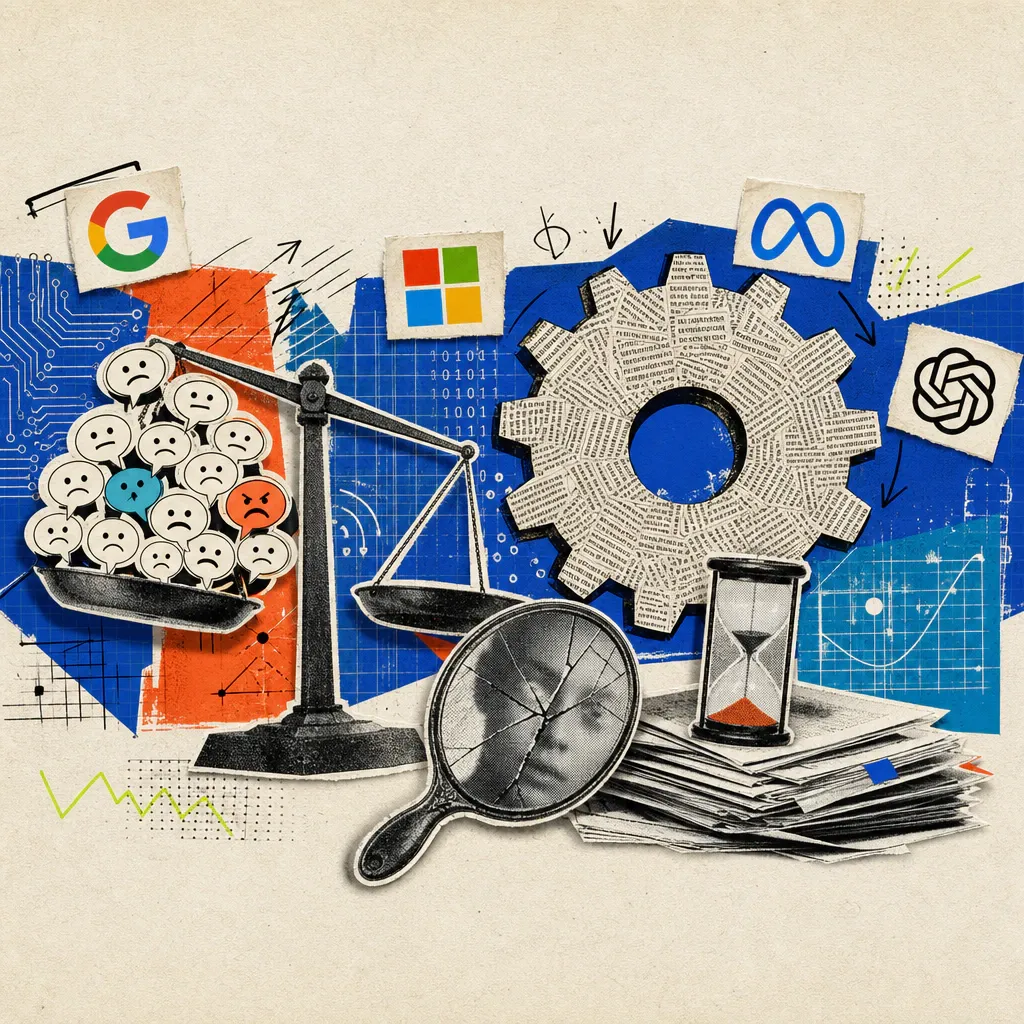 A scale tips under the weight of many small speech bubbles with faces, next to a huge gear made of text tiles, in front of a cracked hand mirror with a blurred face, below a shrinking stack of paper with a half-empty hourglass
