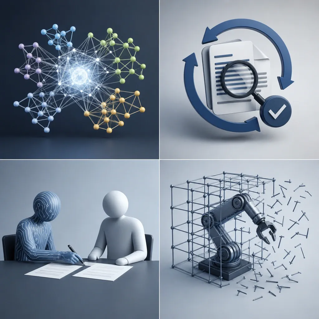 Four symbolic scenes side by side: a network diagram with a highlighted common subspace core, a recursive research agent in front of a verification loop, an AI teacher silhouette prematurely reaching into a student silhouette's task sheet, and a training scaffold wrapping around an agent symbol while being partially dismantled