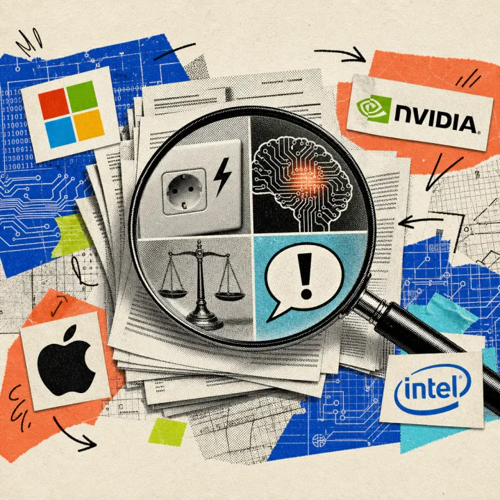 A magnifying glass enlarges four details from a stack of scientific papers: a power outlet with a lightning symbol, a glowing section in a brain circuit outline, a scale, and a speech bubble with an exclamation mark.