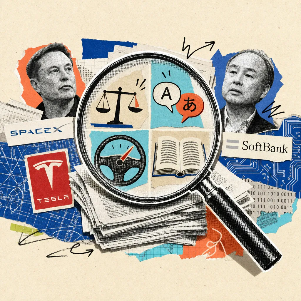 A magnifying glass enlarges four details from a stack of scientific papers: a tipping scale, a speech bubble with Latin and Japanese characters, a steering wheel with a speedometer needle, and an open book with identical line patterns.
