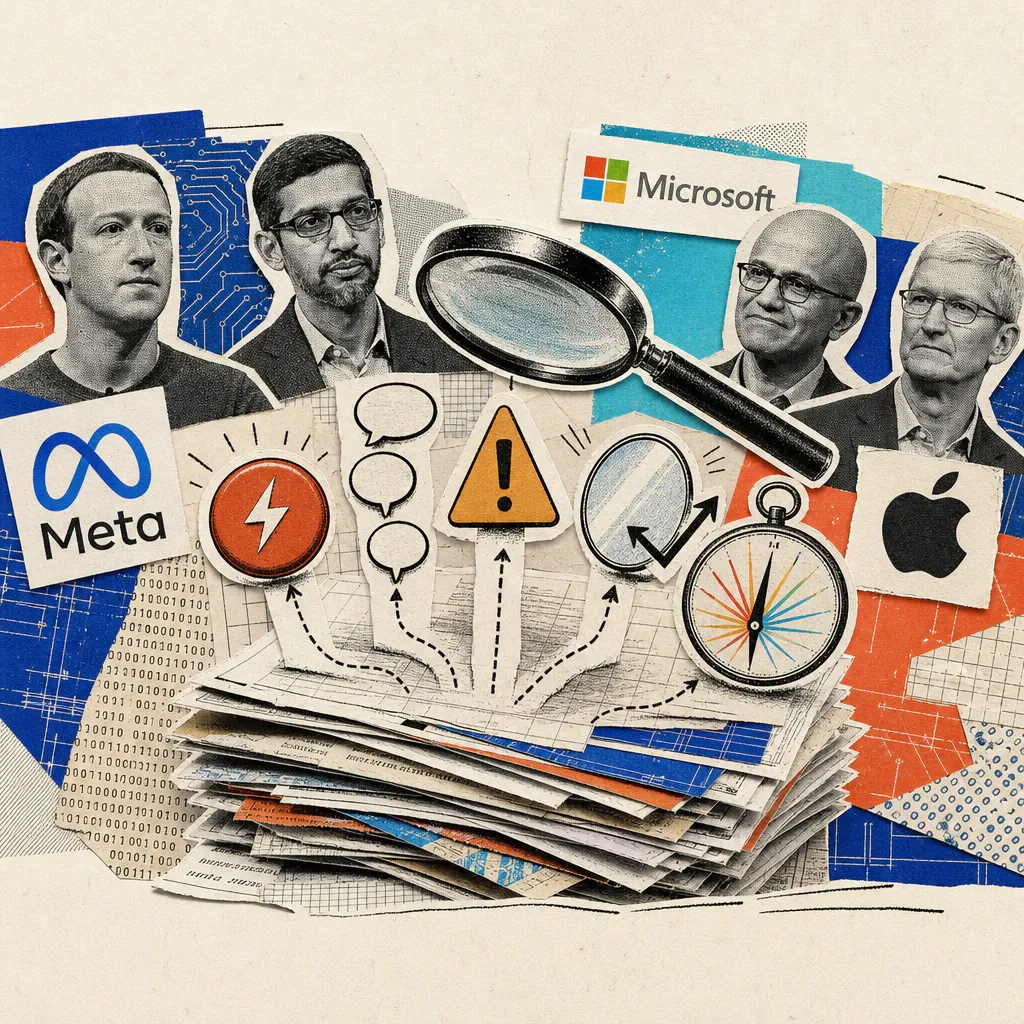 A magnifying glass hovers over a stack of research papers, from which four symbols emerge: a red button with a lightning bolt, a chain of speech bubbles leading into a warning triangle, a mirror deflecting an arrow, and a compass with many colorful needles converging into one