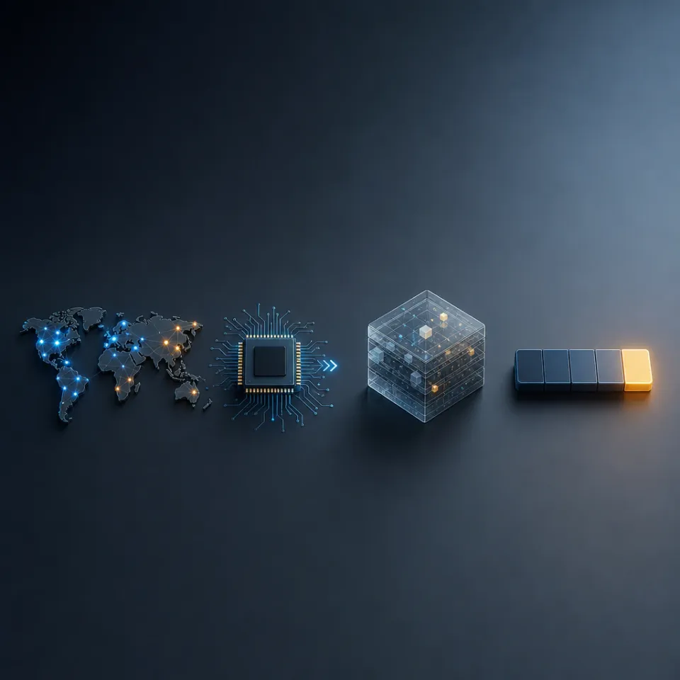 Vier abstrakte geometrische Symbole für KI-Forschung: ein Weltkarten-Fragment mit unterschiedlich hell leuchtenden Verbindungsknoten, ein GPU-Chip mit Schaltkreis-Linien und Geschwindigkeitspfeilen, ein durchscheinender Schichten-Würfel mit eingelagerten sichtbaren Fragmenten und ein Zeitleisten-Balken, dessen letztes Segment heller leuchtet als die vorherigen.