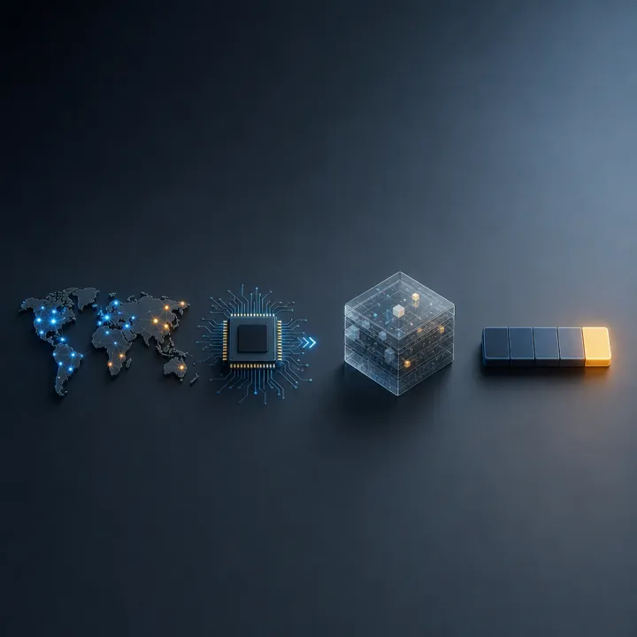 Four abstract geometric symbols for AI research: a fragment of a world map with unevenly bright connection nodes, a GPU chip with circuit lines and speed arrows, a translucent layered cube with embedded visible fragments, and a timeline bar whose last segment glows brighter than the previous ones.