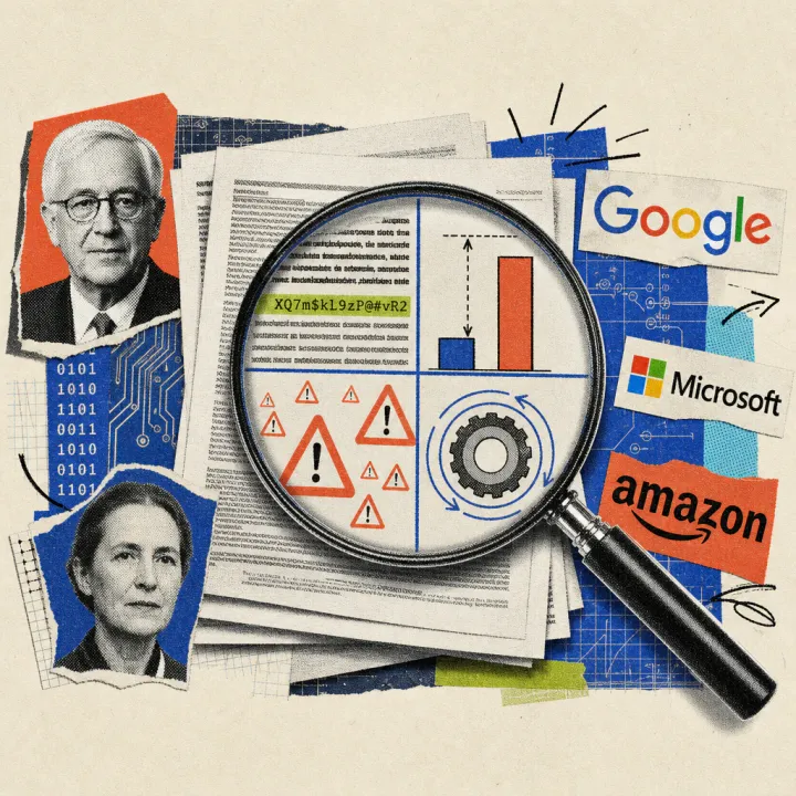 A magnifying glass enlarges four details from a stack of scientific papers: encrypted letters hidden between normal text lines, two widely diverging bars over the same metric, a grid of small warning triangles of different sizes, and a gear that rotates multiple times through the same ring.