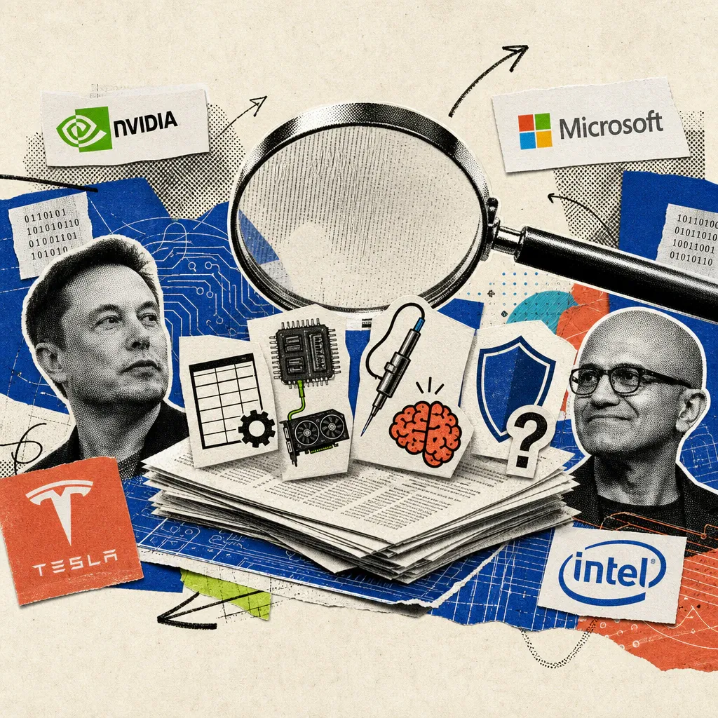 A magnifying glass hovers over a stack of academic papers, from which four symbols protrude: a table grid with a gear, a small chip with memory modules and a connection to a graphics card, a probe aiming just next to a brain symbol, and a shield with a question mark