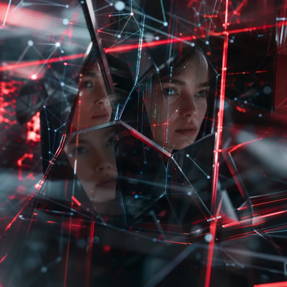 Broken reflections of data networks, fragmented neural patterns representing misinformation spread