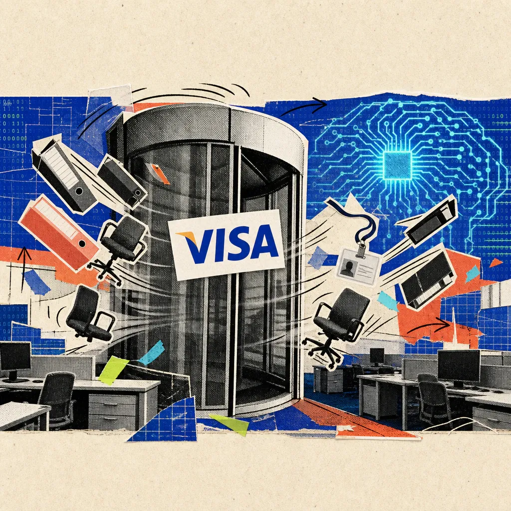 The Visa logo is stuck on a revolving door, from which empty office chairs and file folders swirl out, in the background a glowing circuit pattern connects abandoned desks.