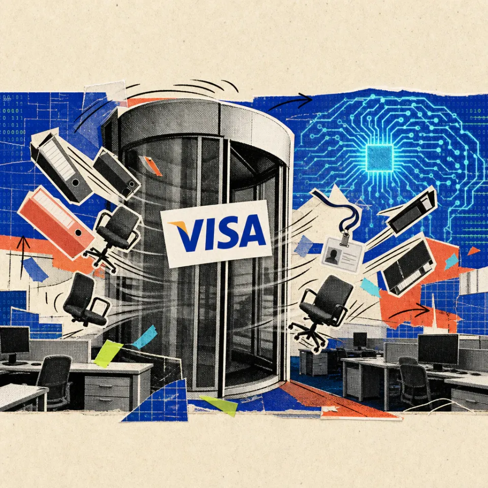 Das Visa-Logo klebt auf einer Drehtür, aus der leere Bürostühle und Aktenordner herauswirbeln, im Hintergrund verbindet ein leuchtendes Schaltkreismuster verwaiste Schreibtische.