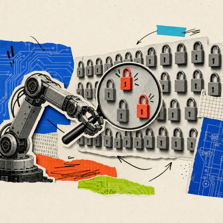 A robotic arm holds a magnifying glass in front of a wall full of gray padlocks, of which only two light up red.