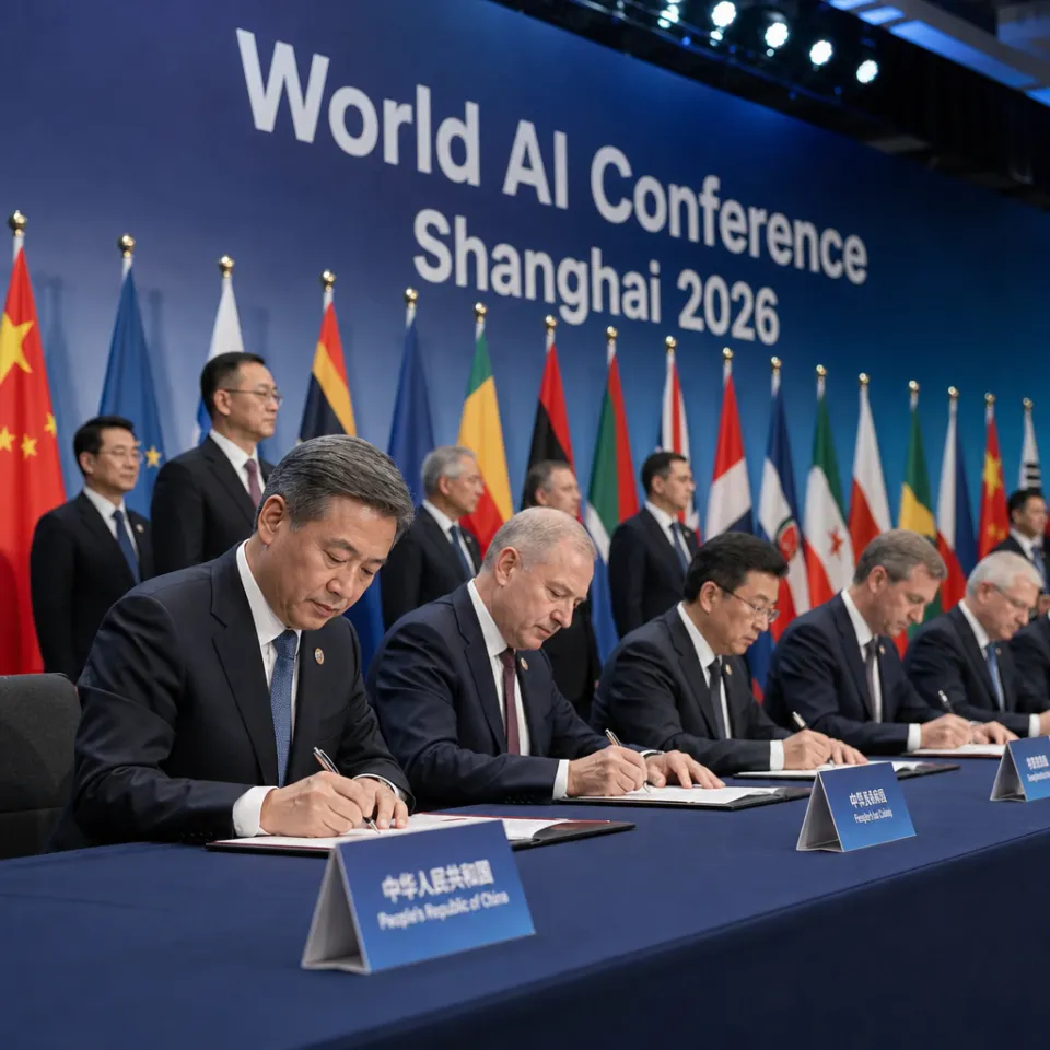 Delegierte unterzeichnen an einem langen Tisch die Gründungsurkunde der World AI Cooperation Organization in Shanghai, im Hintergrund Nationalflaggen mehrerer Staaten und ein Bühnenbanner der World AI Conference 2026