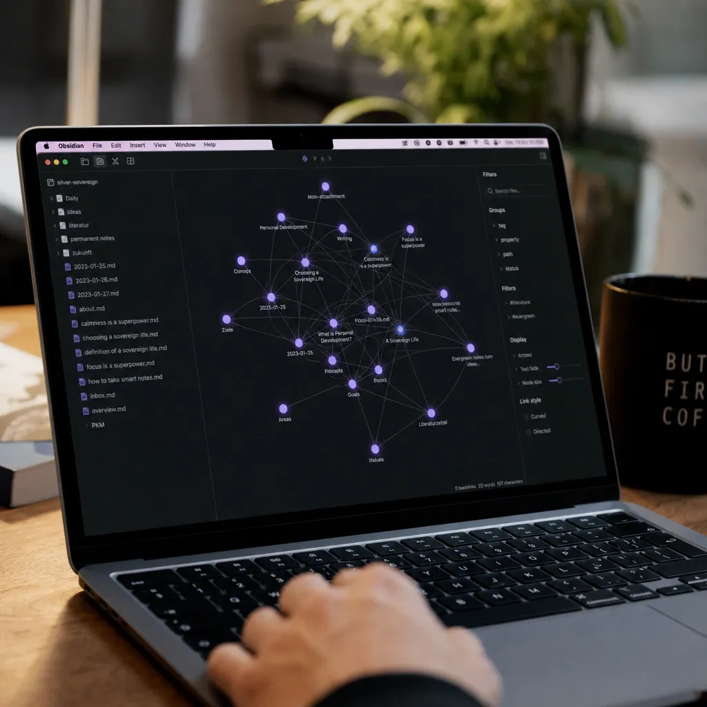 Connected graph view of the note-taking app Obsidian on a laptop screen at a desk