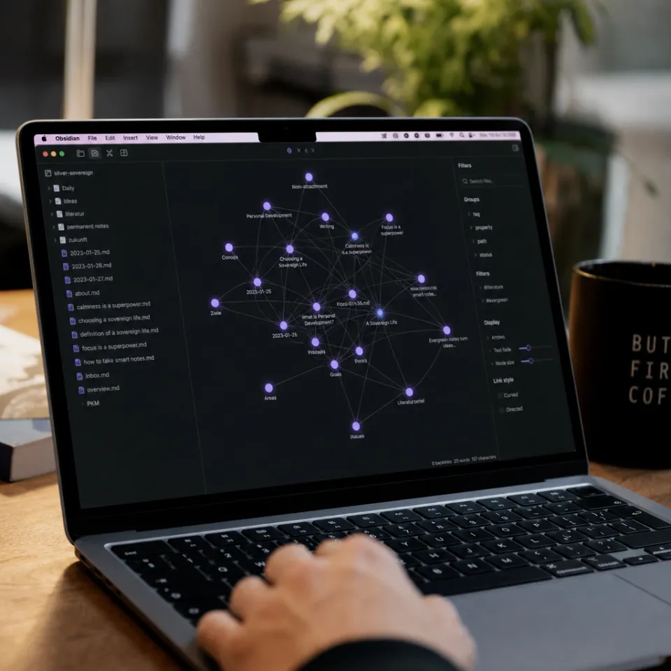 Connected graph view of the note-taking app Obsidian on a laptop screen at a desk