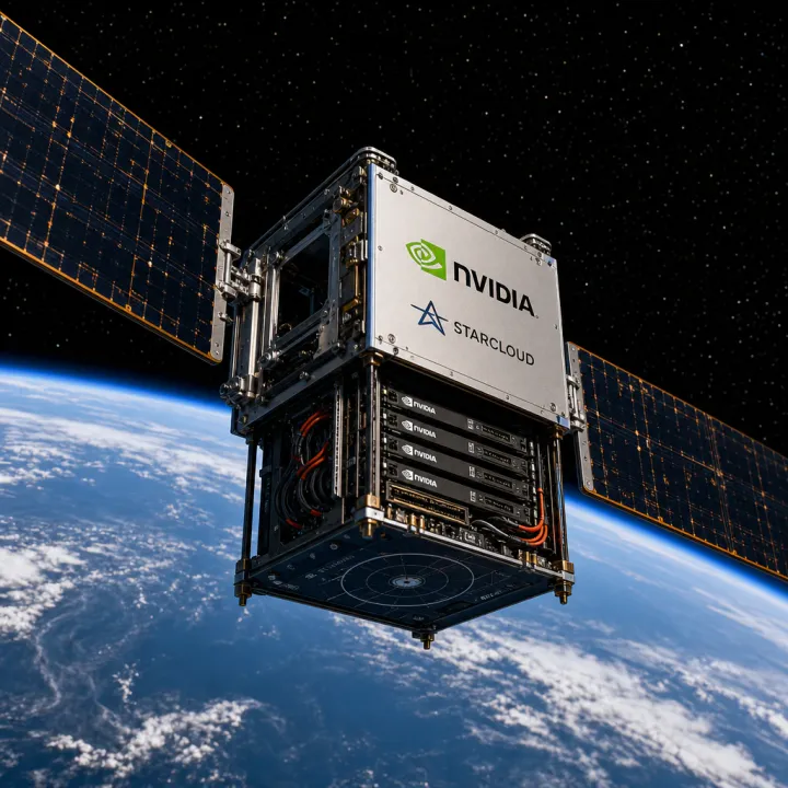 Satellite with deployed solar panels and GPU server module in Earth orbit above the blue Earth, starry sky in the background.