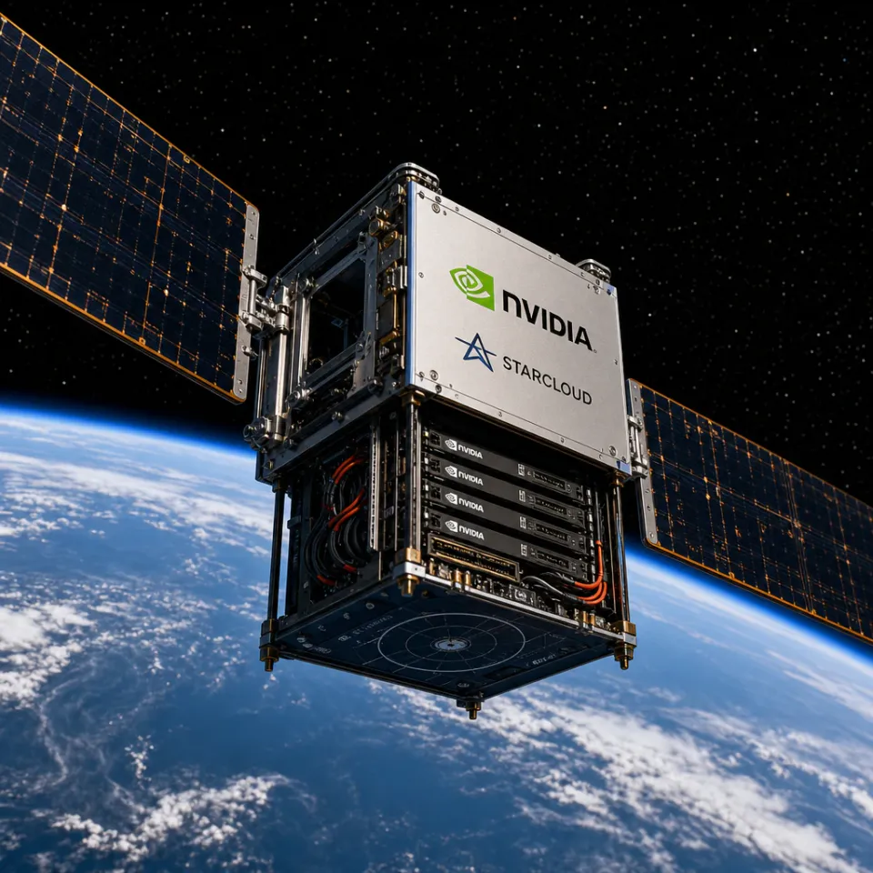 Satellit mit ausgeklappten Solarpaneelen und GPU-Servermodul im Erdorbit über der blauen Erde, Sternenhimmel im Hintergrund.