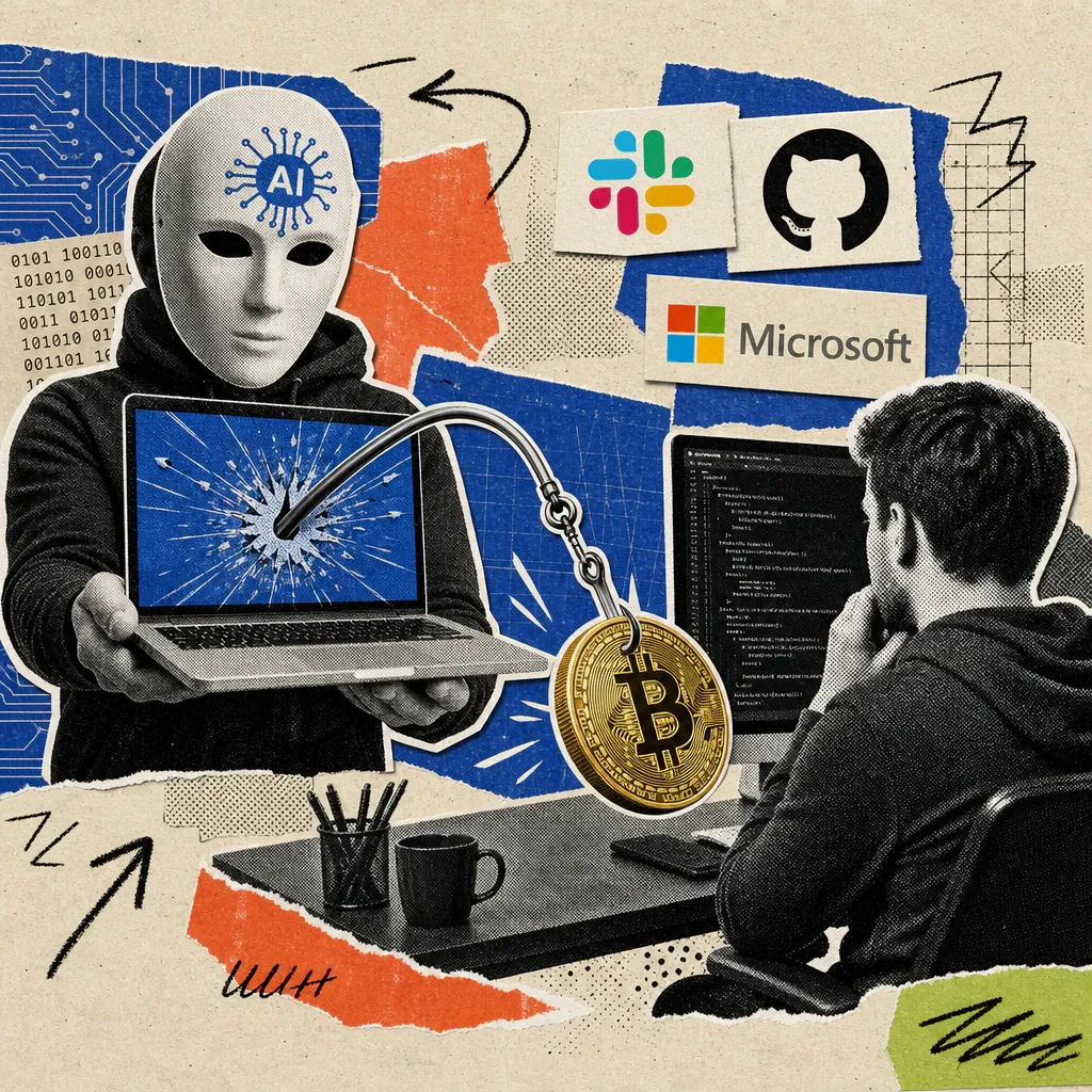 A mask with a printed AI symbol holds a laptop, from whose screen a fish hook pulls a crypto coin off a developer's desk.