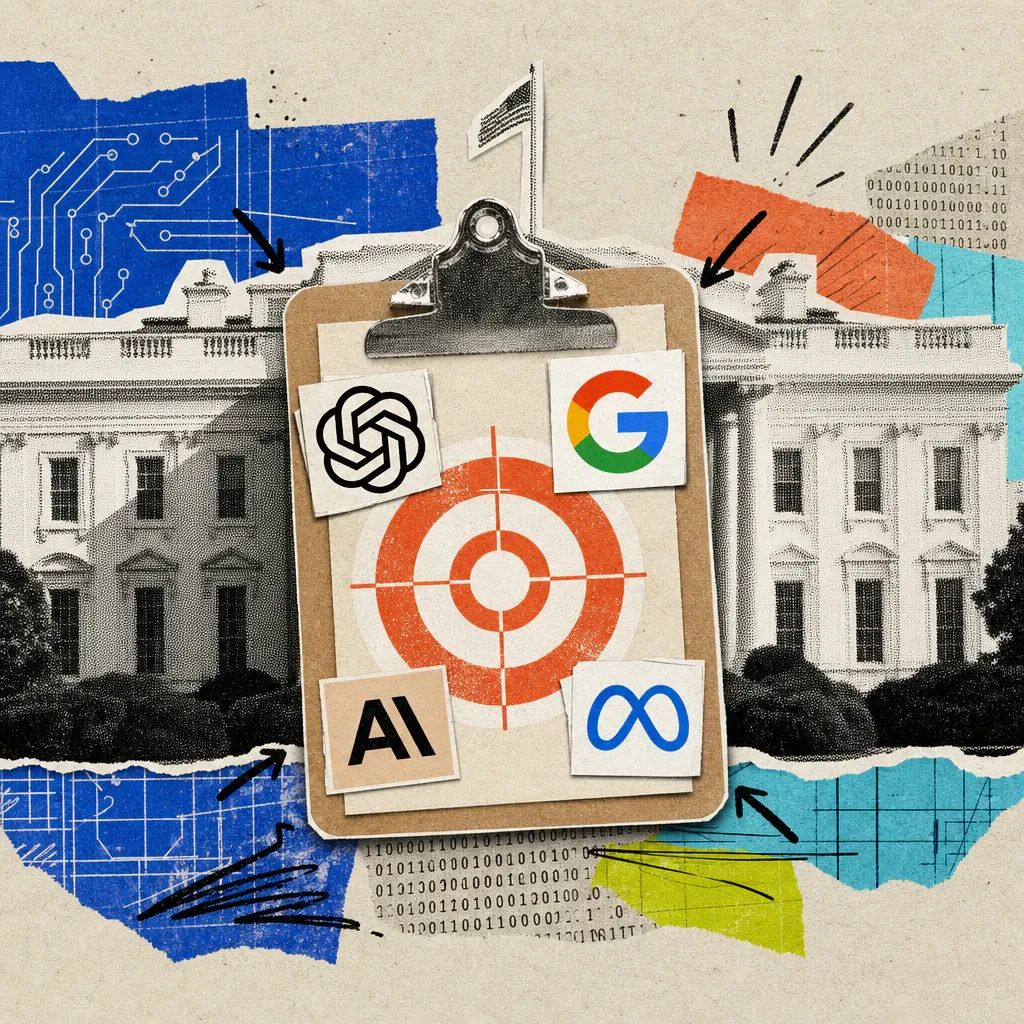 Die Fassade des Weißen Hauses, davor schwebt ein Klemmbrett mit einem Zielkreuz-Sticker, umgeben von kleinen Firmenlogos von OpenAI, Google, Anthropic und Meta