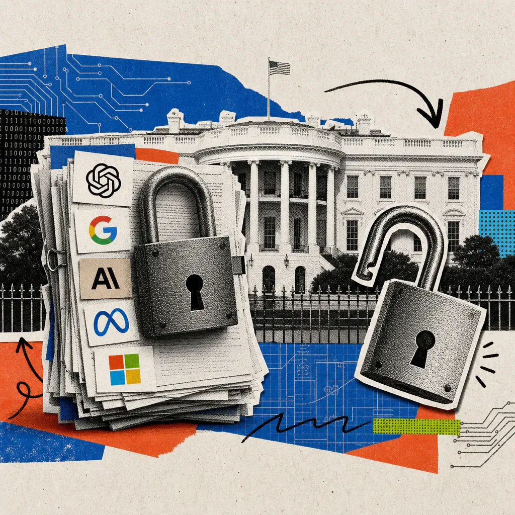 Vor der Fassade des Weißen Hauses hängt ein verschlossenes Vorhängeschloss über einem Aktenstapel mit den Logos von OpenAI, Google, Anthropic, Meta und Microsoft, daneben schwebt frei ein zweites, offenes Schloss ohne Logo.