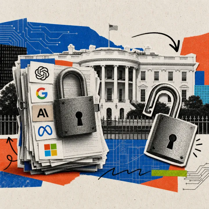 Vor der Fassade des Weißen Hauses hängt ein verschlossenes Vorhängeschloss über einem Aktenstapel mit den Logos von OpenAI, Google, Anthropic, Meta und Microsoft, daneben schwebt frei ein zweites, offenes Schloss ohne Logo.