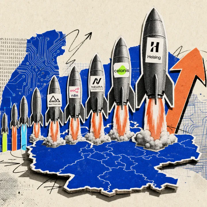 Zehn unterschiedlich große Raketen steigen über einer Deutschlandkarte auf; die größte trägt das Helsing-Logo, kleinere die Logos von Celonis, Neura Robotics, n8n, DeepL und Black Forest Labs, daneben zeigt ein Kurspfeil steil nach oben.