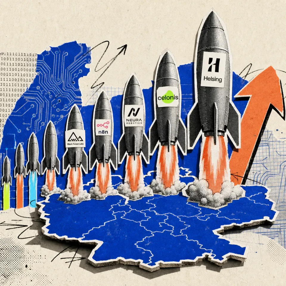 Ten rockets of different sizes rise above a map of Germany; the largest carries the Helsing logo, smaller ones the logos of Celonis, Neura Robotics, n8n, DeepL and Black Forest Labs, next to them a price arrow points steeply upwards.