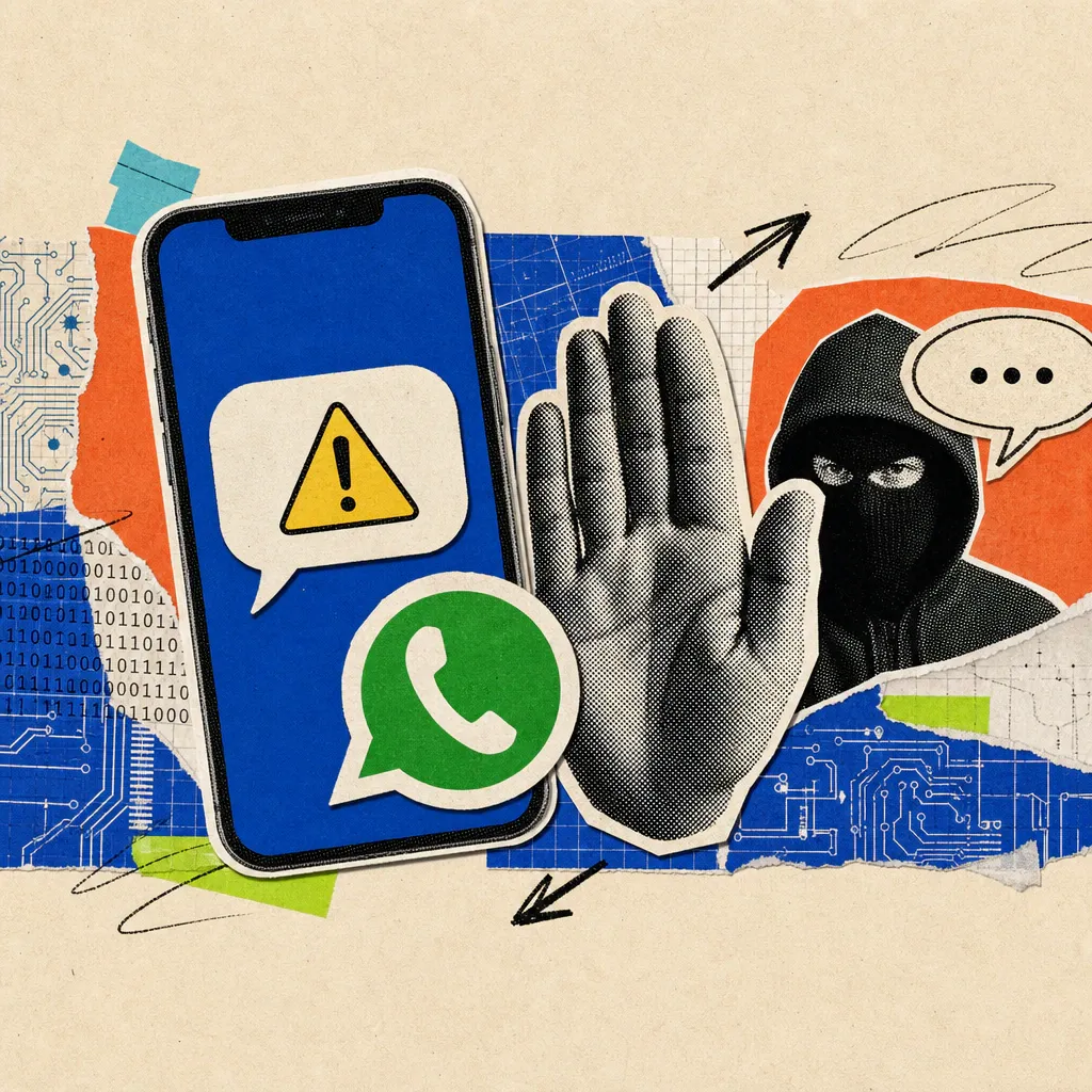 Ein Smartphone-Chat zeigt ein gelbes Warndreieck neben einem WhatsApp-Logo-Sticker, während eine erhobene Stopp-Hand eine maskierte Betrüger-Figur mit Sprechblase abwehrt.