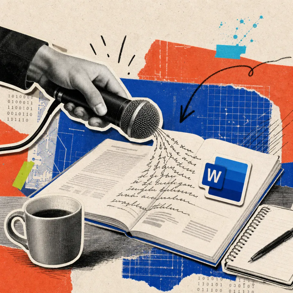 Eine Hand hält ein Mikrofon über ein Word-Dokument auf einem Schreibtisch, aus dem gesprochene Wörter als Textzeilen auf das Papier fließen, daneben ein Microsoft-Word-Logo.