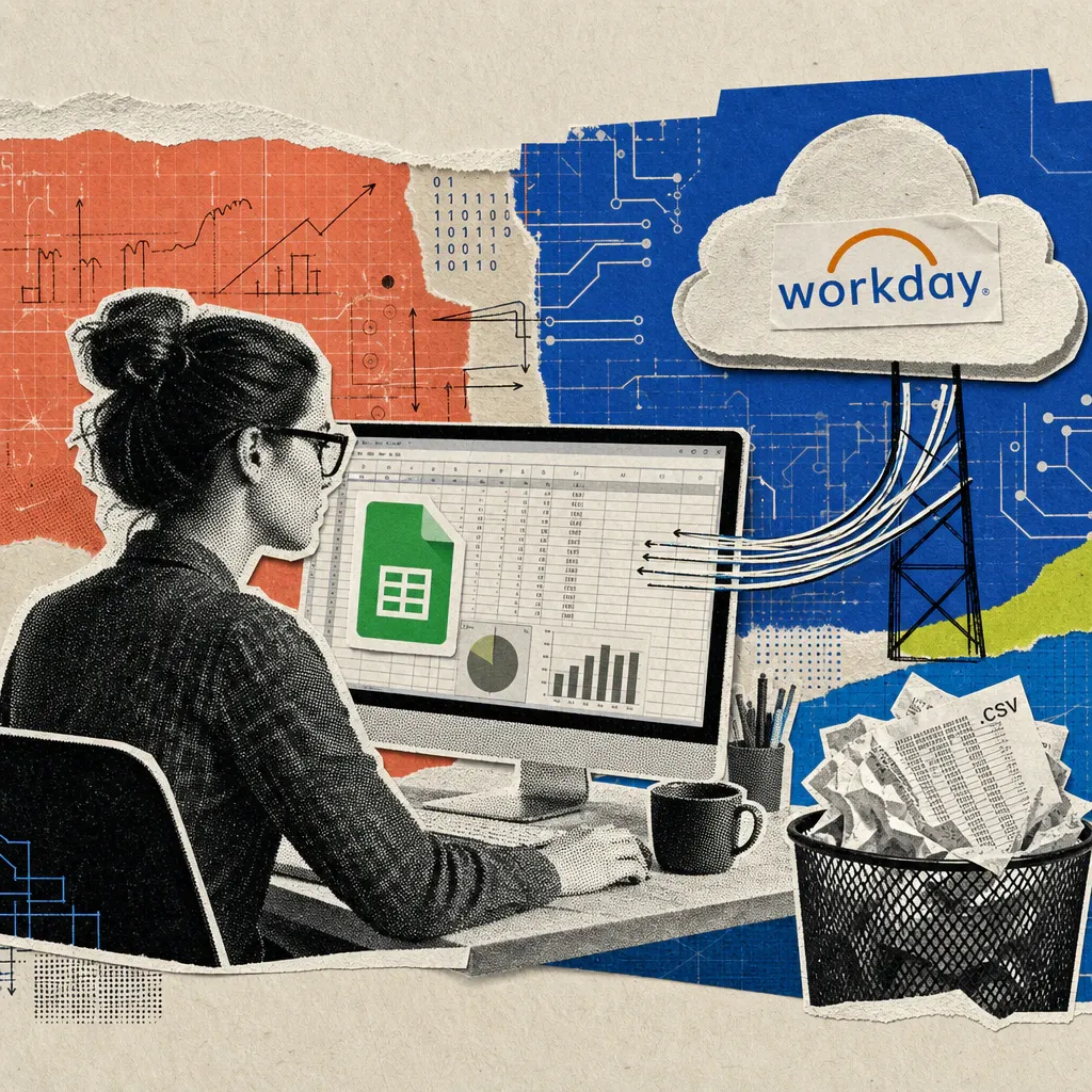 A financial analyst connects a spreadsheet via a data bridge to a Workday cloud, while crumpled CSV printouts land in the trash.