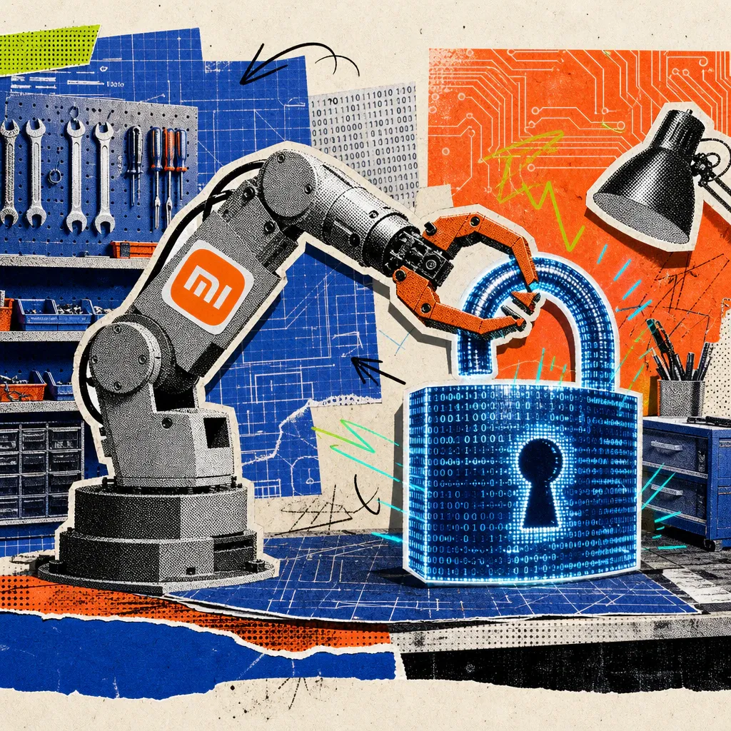 A robotic arm with a Xiaomi logo sticker opens a padlock made of glowing program code in a workshop.