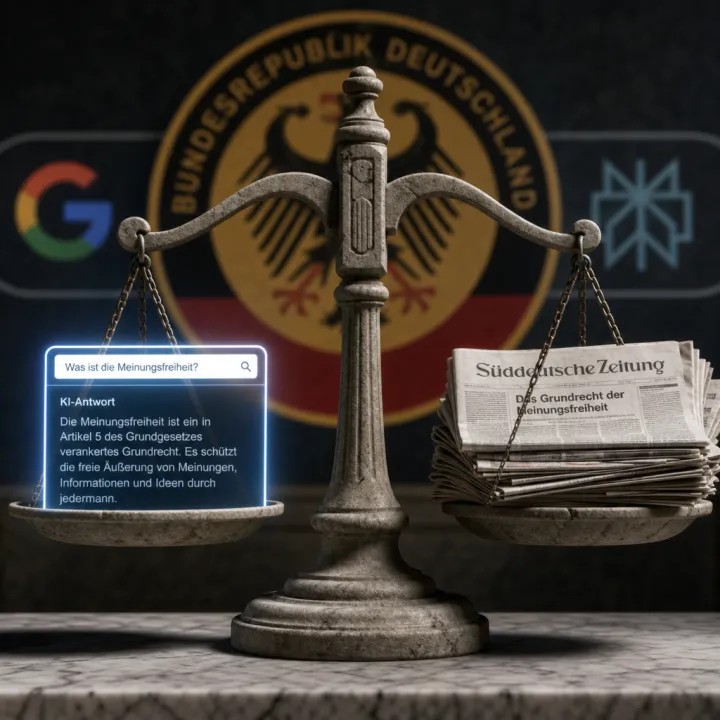 Scale of justice between a glowing AI search bar and printed newspaper pages, with an official seal in the German national colors in the background