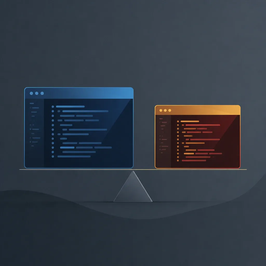 Abstract geometric illustration: two stylized code windows side by side, connected by a thin balance line, symbolizing the close price-performance comparison of two coding tools