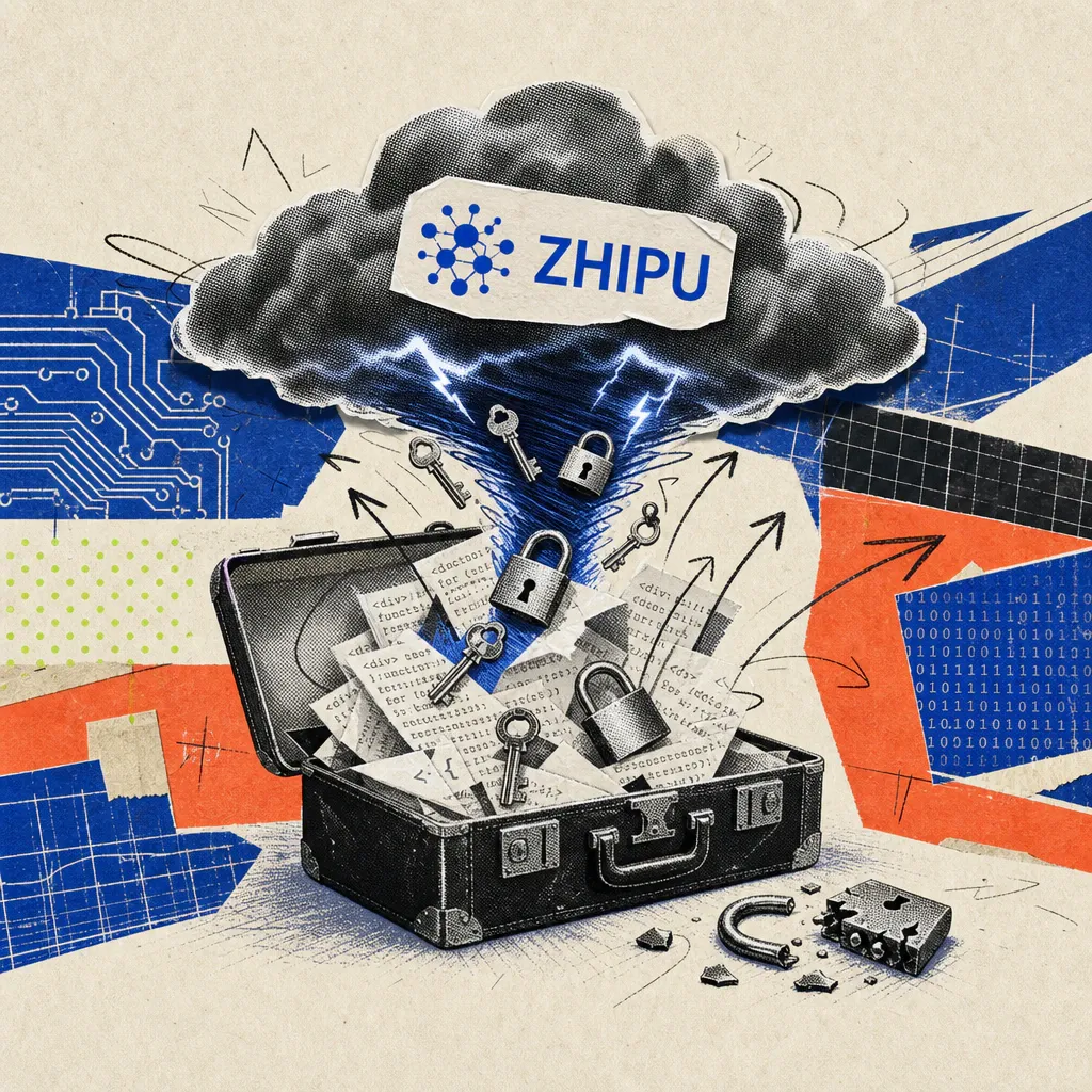 Ein Koffer voller Quellcode-Zettel, Schlüssel und Vorhängeschlösser wird von einer Gewitterwolke mit Zhipu-Logo-Sticker eingesaugt, ein zerbrochenes Vorhängeschloss liegt daneben.