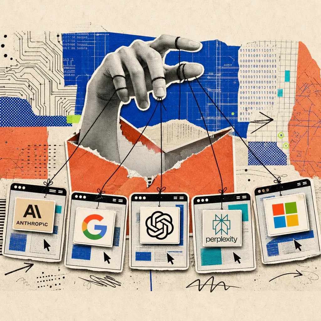 A hand emerges from a torn-open email envelope and holds invisible strings to five floating browser windows bearing the logos of Anthropic, Google, OpenAI, Perplexity, and Microsoft.