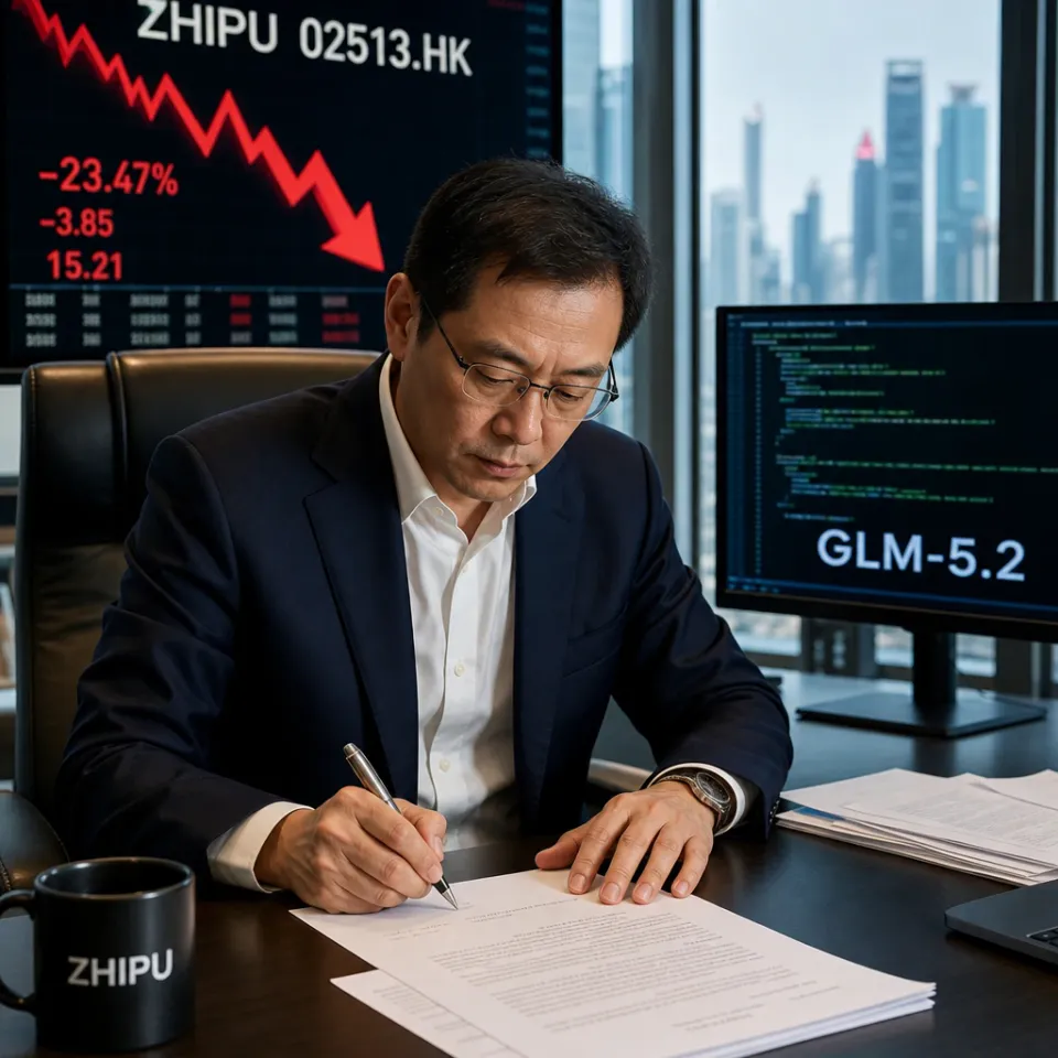 Executive of a Chinese AI company signs a letter at a desk, in the background a stock board with a red downward arrow to 'ZHIPU 02513.HK' and a screen with the inscription 'GLM-5.2'.