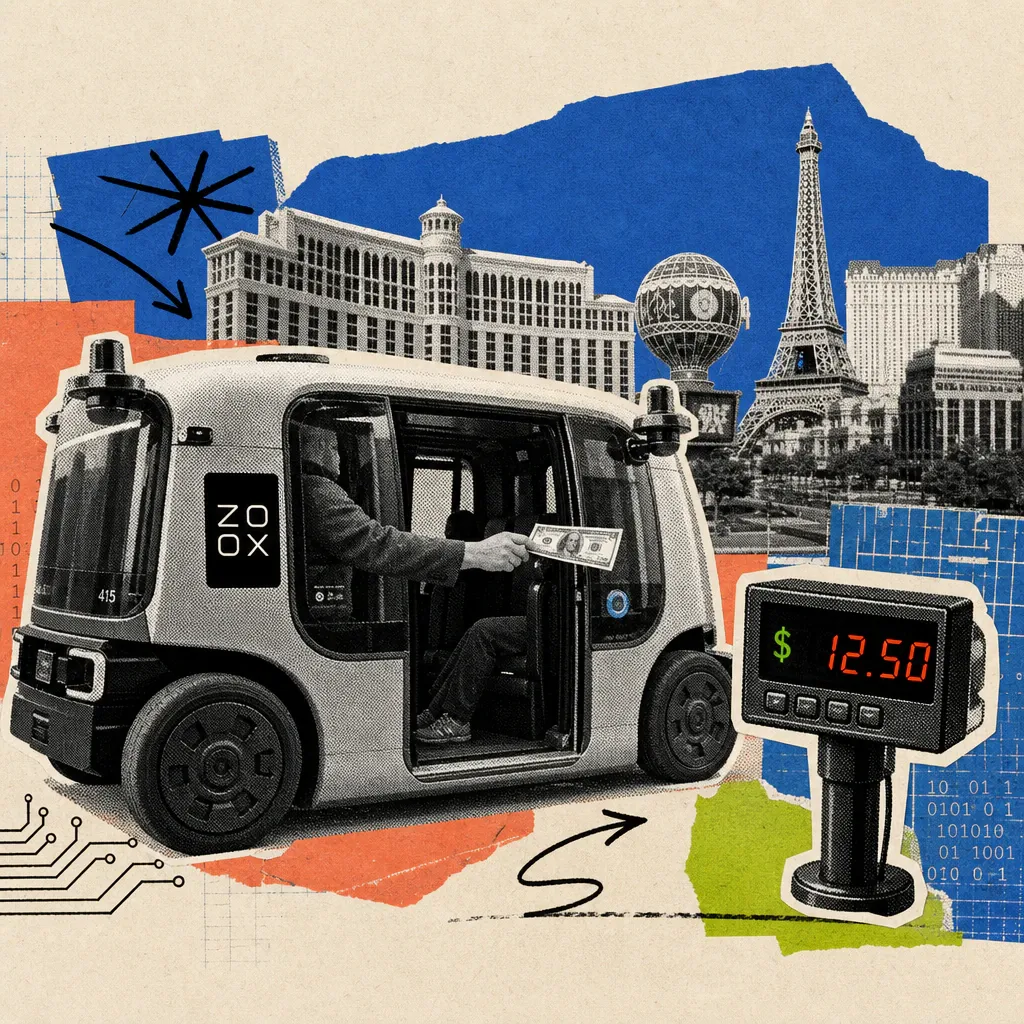 A passenger hands a dollar bill out of the open door of a Zoox robotaxi, next to it a fare meter shows 12.50 dollars, with the Las Vegas casino skyline and its Eiffel Tower replica in the background.