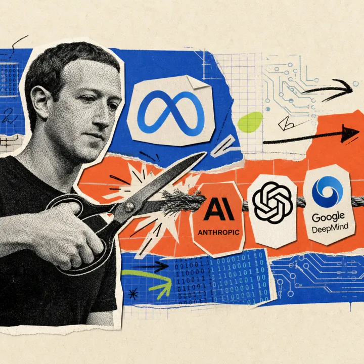 Ein gerastertes Schwarz-Weiß-Porträt von Mark Zuckerberg durchschneidet mit einer Schere ein Seil, das Logo-Sticker von Anthropic, OpenAI und Google DeepMind verbindet, im Hintergrund klebt ein Meta-Logo-Sticker.