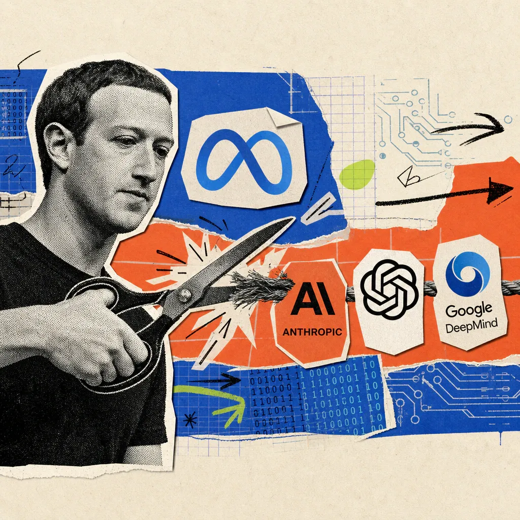 Ein gerastertes Schwarz-Weiß-Porträt von Mark Zuckerberg durchschneidet mit einer Schere ein Seil, das Logo-Sticker von Anthropic, OpenAI und Google DeepMind verbindet, im Hintergrund klebt ein Meta-Logo-Sticker.