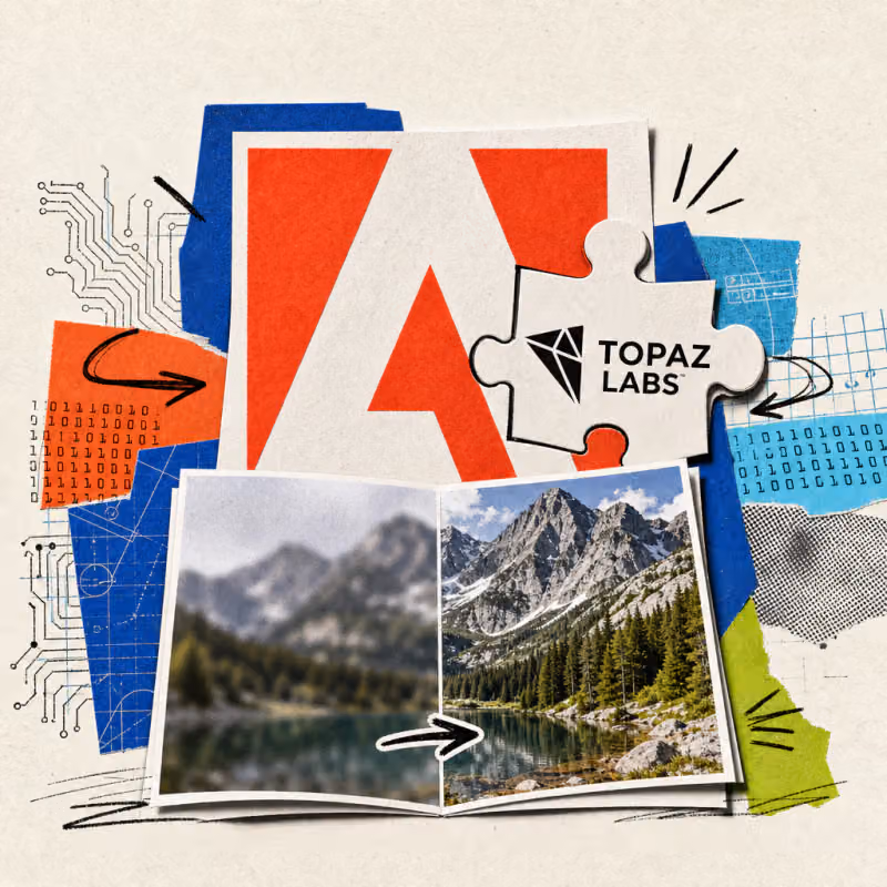 Das Topaz-Labs-Logo fügt sich wie ein Puzzleteil in das Adobe-Logo, davor ein Foto, dessen linke Hälfte unscharf und dessen rechte Hälfte gestochen scharf ist.