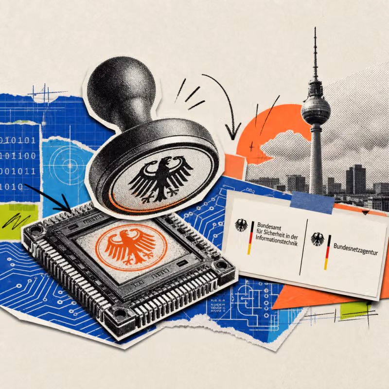 Ein Stempel mit Bundesadler drückt ein Prüfsiegel auf einen Computerchip, daneben ein Türschild mit den Logos von BSI und Bundesnetzagentur, im Hintergrund der Berliner Fernsehturm