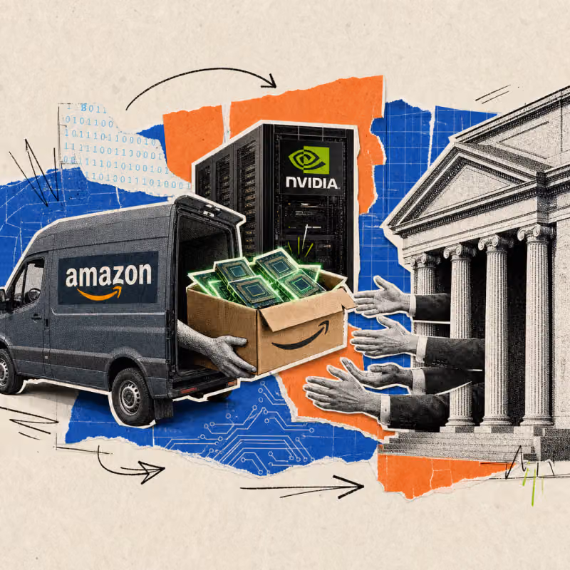 Ein Amazon-Lieferwagen übergibt eine Kiste mit leuchtenden Computerchips an mehrere Hände, die aus einem Bankgebäude ragen, im Hintergrund ein Serverschrank mit Nvidia-Logo.
