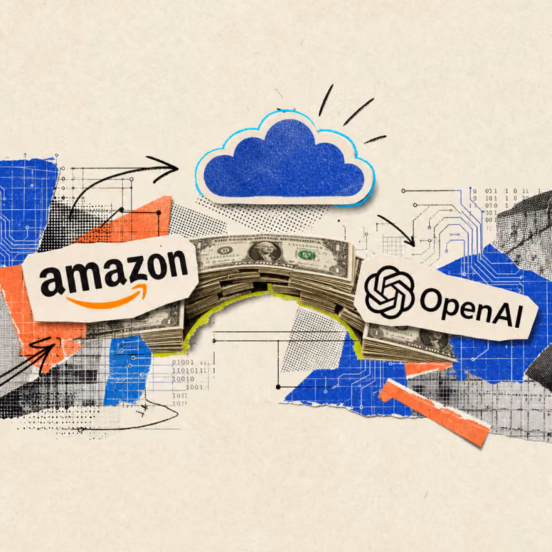 Ein Amazon-Logo-Sticker und ein OpenAI-Logo-Sticker sind über eine Brücke aus gestapelten Dollar-Geldscheinen miteinander verbunden, darüber schwebt eine stilisierte Wolke.