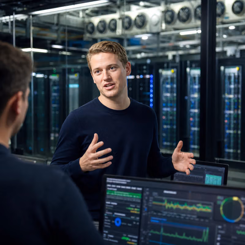 Symbolische Aufnahme eines Rechenzentrum-Kontrollraums mit Serverreihen und Monitoren zu Rechenkapazität, passend zum Wechsel von Tom Blomfield ins Compute-Team von Anthropic