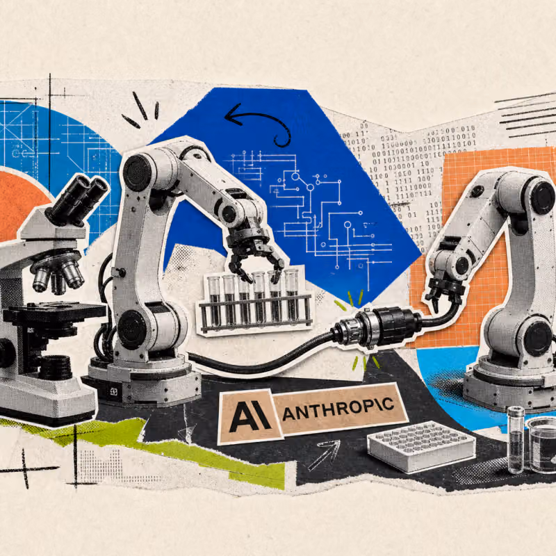 Ein Roboterarm hält eine Reagenzglashalterung vor einem Mikroskop, daneben ein Anthropic-Logo-Sticker auf der Werkbank und ein zweiter, per Kabel verbundener Roboterarm.