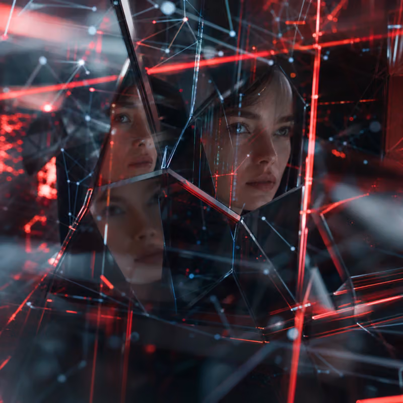 Gebrochene Reflexionen von Datennetzwerken, fragmentierten neuronalen Mustern und glitchenden digitalen Artefakten