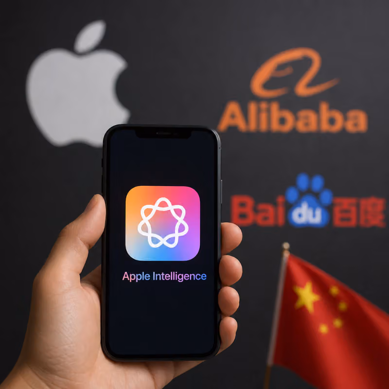 Ein iPhone mit dem Apple-Intelligence-Symbol vor den Firmenlogos von Alibaba und Baidu sowie einer chinesischen Flagge
