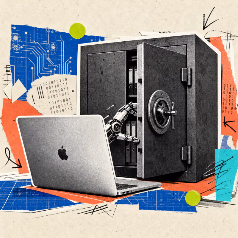 Ein Notebook mit Apple-Logo steht vor einem Tresor, dessen schwere Tür nur einen schmalen Spalt offen steht, während ein kleiner Roboterarm hindurchgreift.