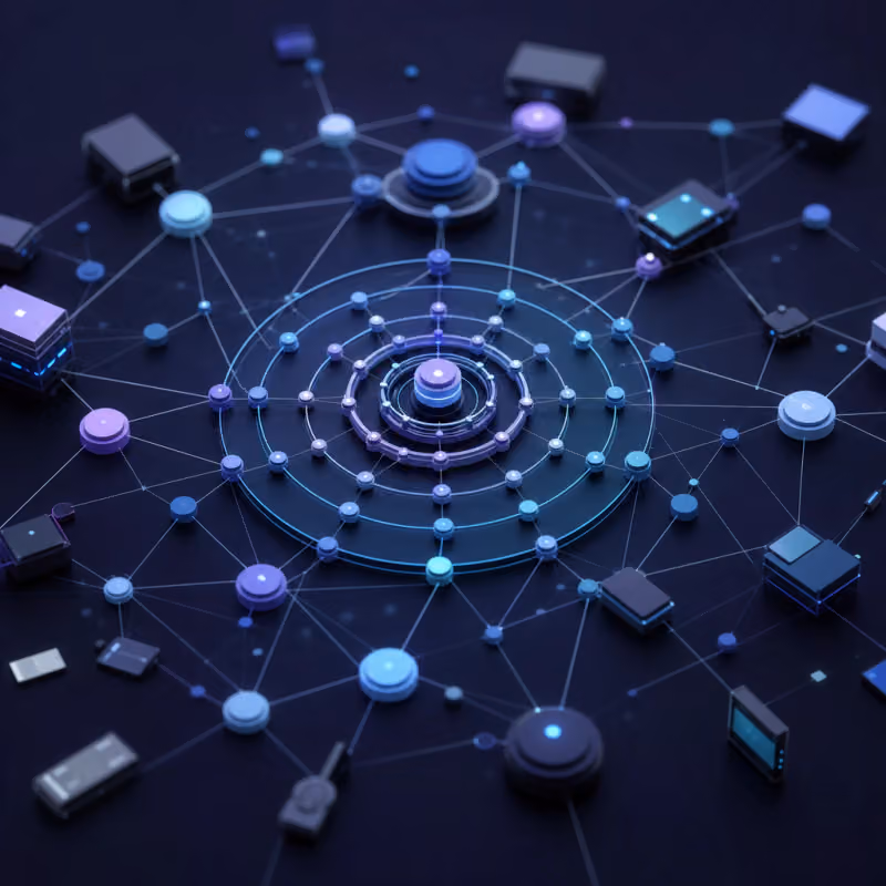 Abstraktes, geometrisches Motiv: vernetzte Knotenpunkte unterschiedlicher Größe um eine zentrale, verschachtelte Ringstruktur, symbolisch für föderiertes Lernen mit heterogener Hardware.