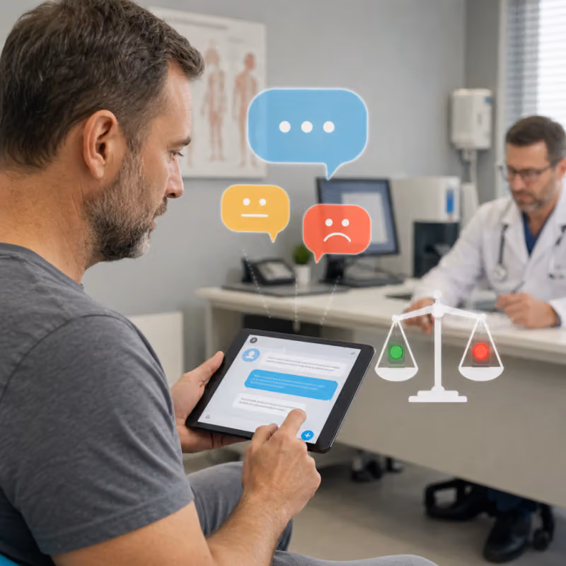 Abstrakte, editorielle Illustration eines Patienten, der über ein Tablet mit einer geometrischen Chat-Oberfläche kommuniziert, umgeben von unterschiedlich geformten Sprechblasen und einem stilisierten Ampelsymbol für Dringlichkeitseinstufung