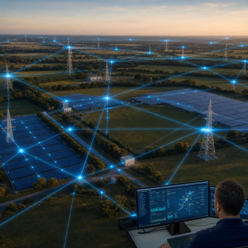 Abstrakte editorielle Illustration eines dezentralen Energienetzes mit Solarpaneelen, Strommasten und leuchtenden digitalen Verbindungslinien als Sinnbild für ein überwachendes KI-System