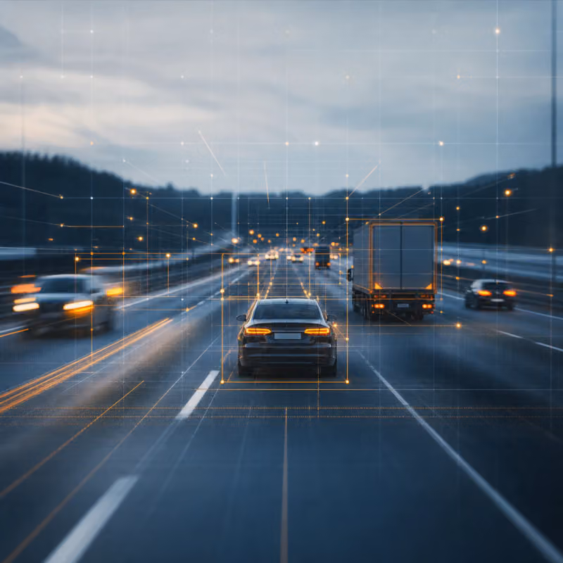 Abstrakte geometrische Illustration einer Straßenperspektive mit überlagerten Scan-Linien und Datenpunkten, symbolisch für KI-gestützte Analyse von Dashcam-Aufnahmen